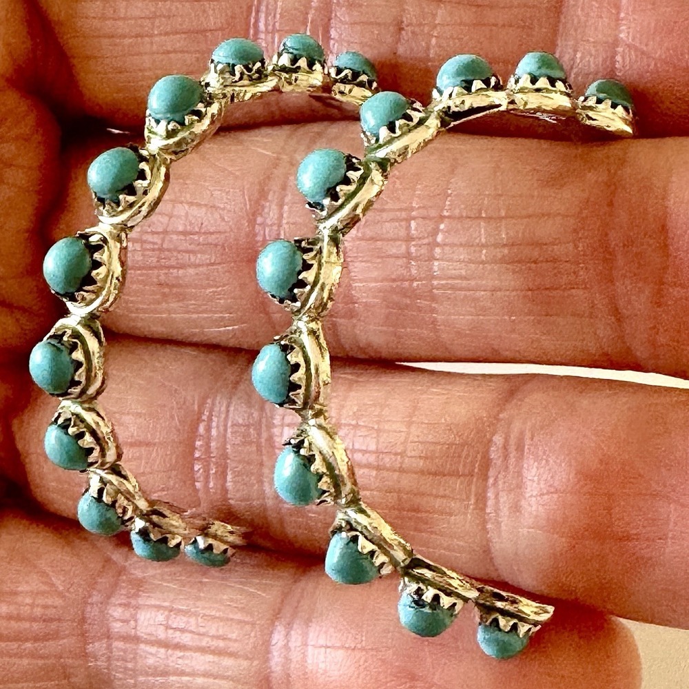 Turquoise Hoop Native American Earrings 1.5 in 925 Sterling Silver Zuni USA